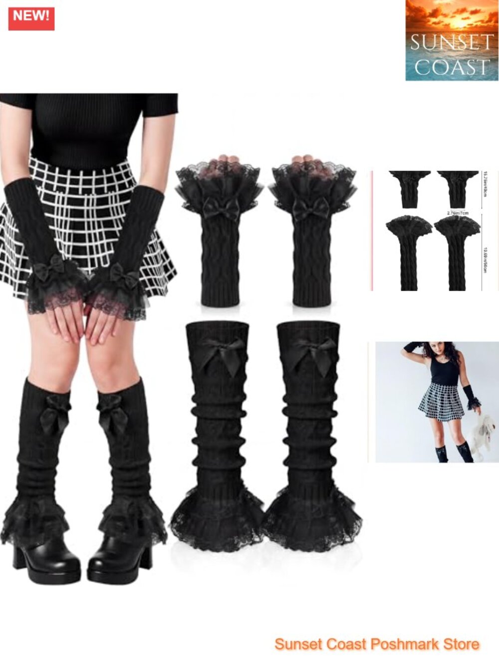 Y2K Lace Bow Arm & Leg Warmers Set Knitted Acrylic Lolita Costume Accessory